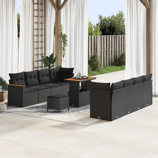 Garten-Sofa-Set mit Kissen mit Speicher Schwarz Poly Rattan
