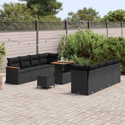 Garten-Sofa-Set mit Kissen mit Speicher Schwarz Poly Rattan
