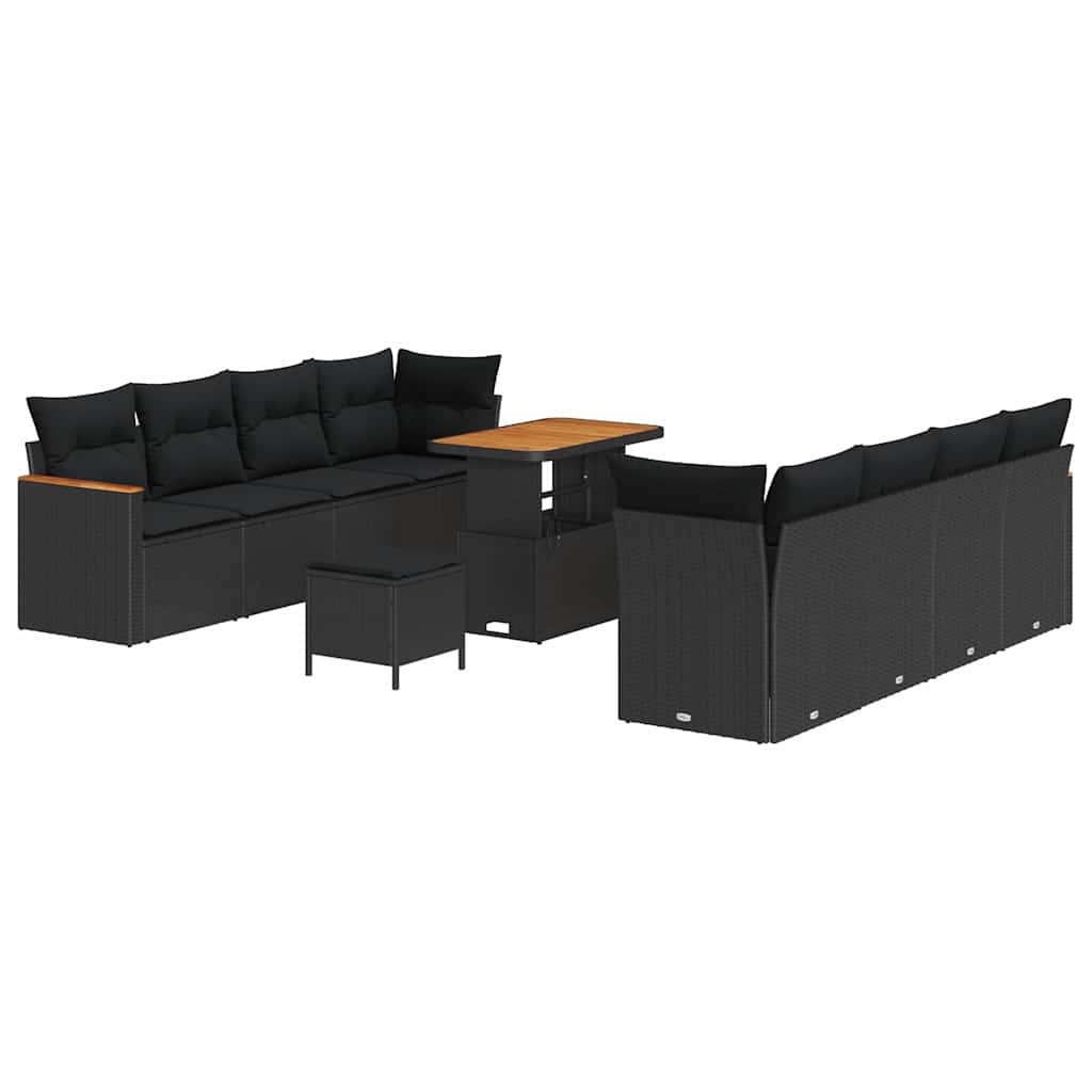 Garten-Sofa-Set mit Kissen mit Speicher Schwarz Poly Rattan