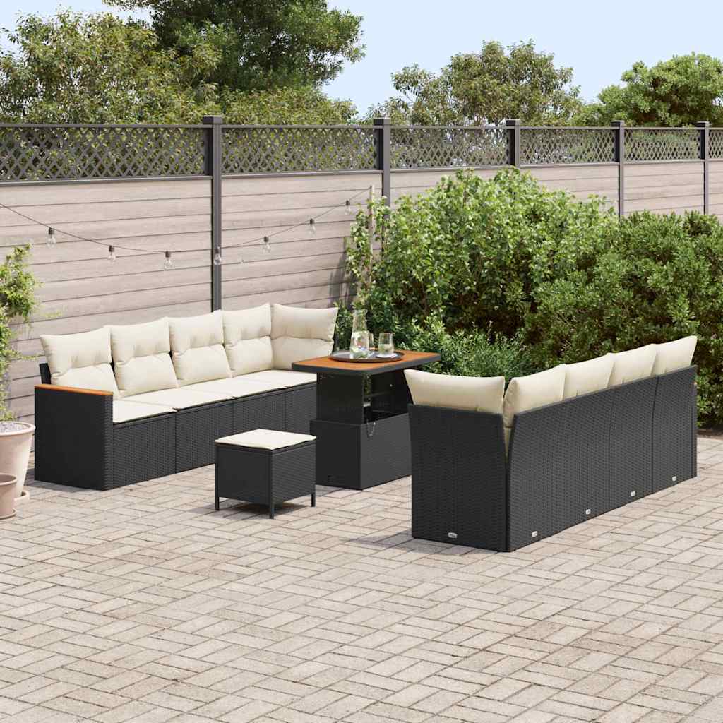 Garten-Sofa-Set mit Kissen mit Speicher Schwarz Poly Rattan
