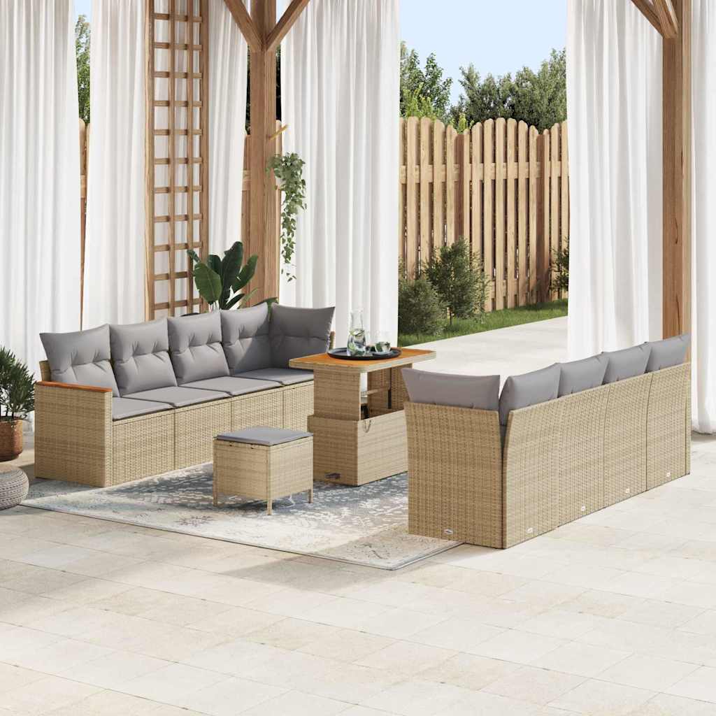 Garten-Sofa-Set mit Kissen mit Speicher Beige Poly Rattan