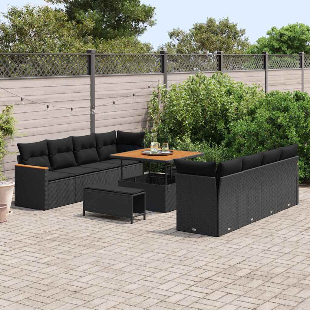 Garten-Sofa-Set mit Kissen mit Speicher Schwarz Poly Rattan