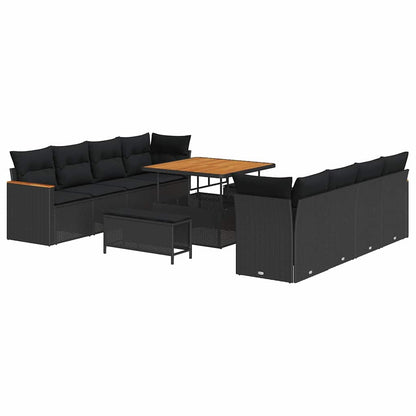 Garten-Sofa-Set mit Kissen mit Speicher Schwarz Poly Rattan