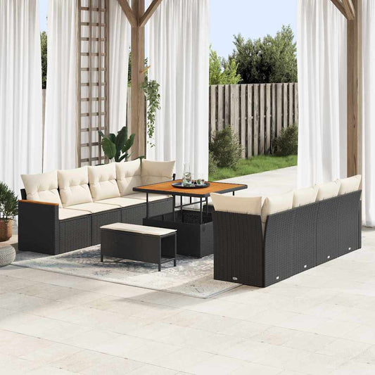 Garten-Sofa-Set mit Kissen mit Speicher Schwarz Poly Rattan