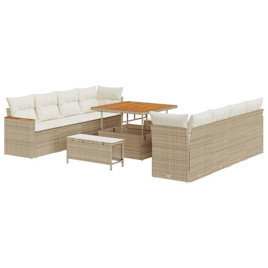 Garten-Sofa-Set mit Kissen mit Speicher Beige Poly Rattan