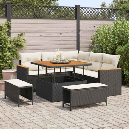 Garten-Sofa-Set mit Kissen mit Speicher Schwarz Poly Rattan