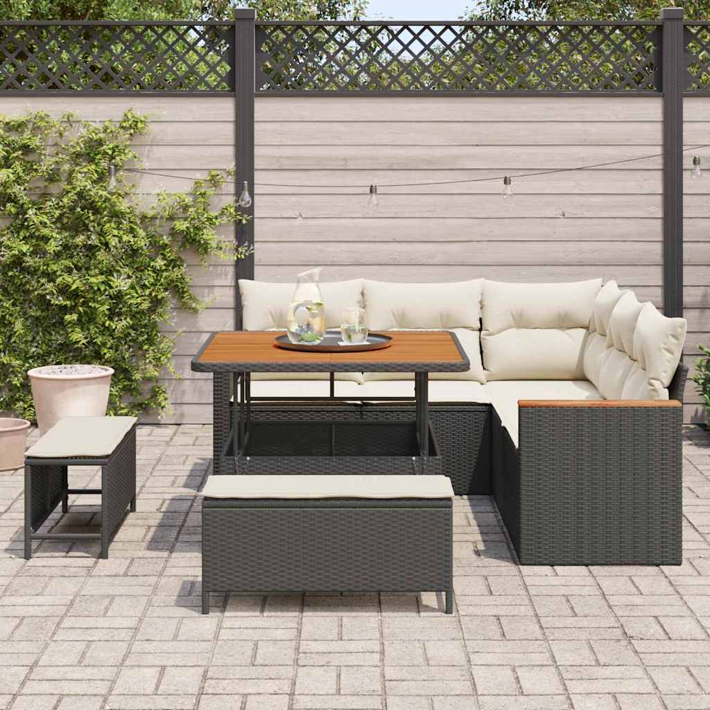 Garten-Sofa-Set mit Kissen mit Speicher Schwarz Poly Rattan