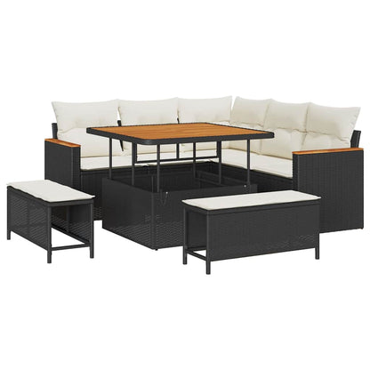 Garten-Sofa-Set mit Kissen mit Speicher Schwarz Poly Rattan