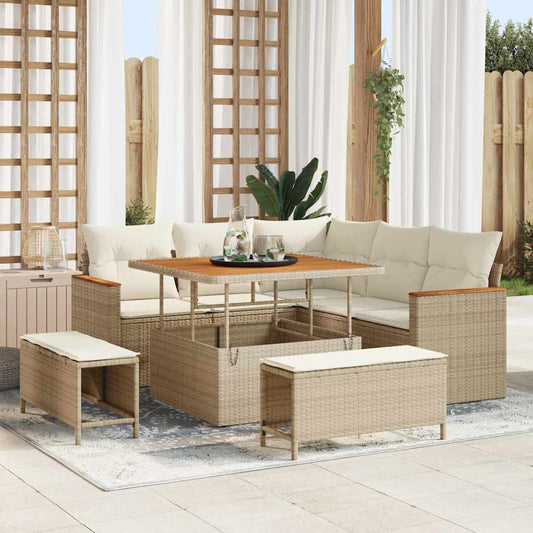 Garten-Sofa-Set mit Kissen mit Speicher Beige Poly Rattan
