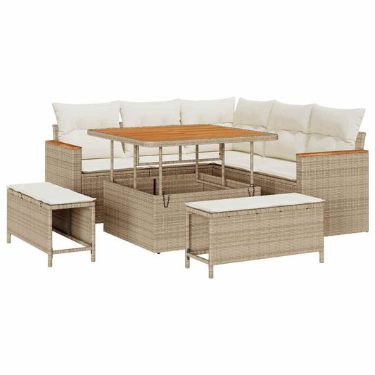Garten-Sofa-Set mit Kissen mit Speicher Beige Poly Rattan