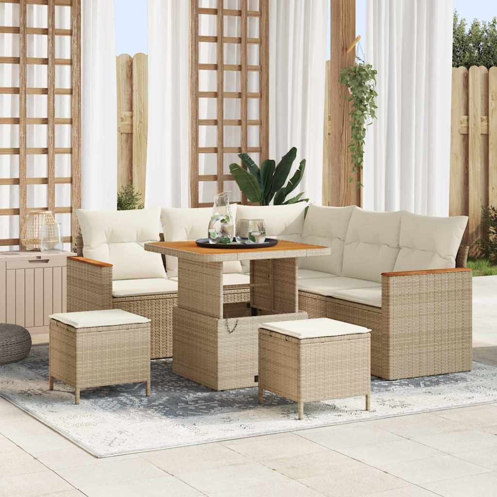 Garten-Sofa-Set mit Kissen mit Speicher Beige Poly Rattan