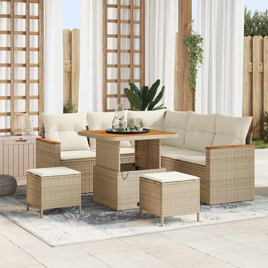 Garten-Sofa-Set mit Kissen mit Speicher Beige Poly Rattan