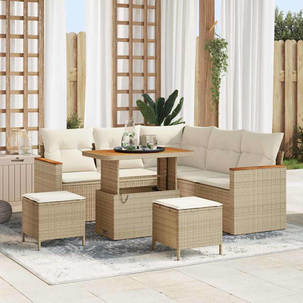 Garten-Sofa-Set mit Kissen mit Speicher Beige Poly Rattan