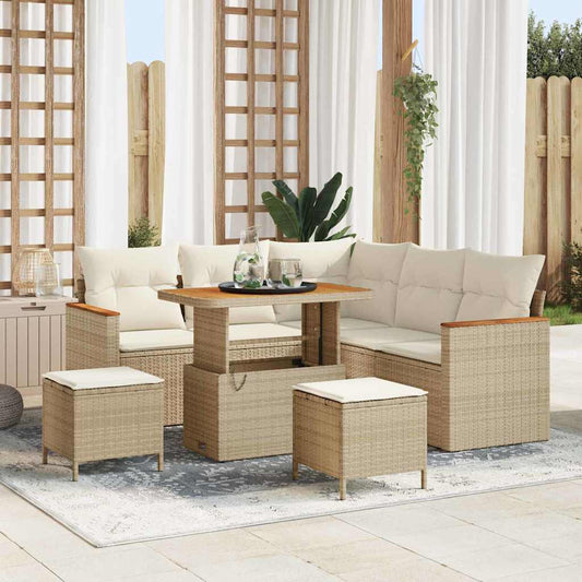 Garten-Sofa-Set mit Kissen mit Speicher Beige Poly Rattan