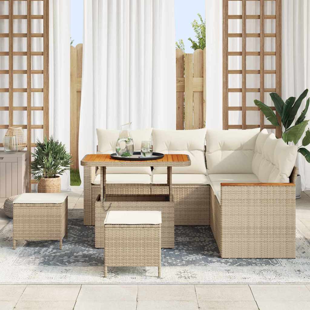 Garten-Sofa-Set mit Kissen mit Speicher Beige Poly Rattan