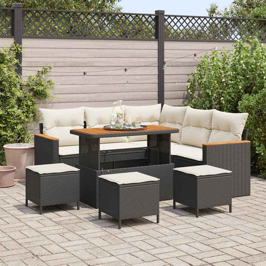 Garten-Sofa-Set mit Kissen mit Speicher Schwarz Poly Rattan
