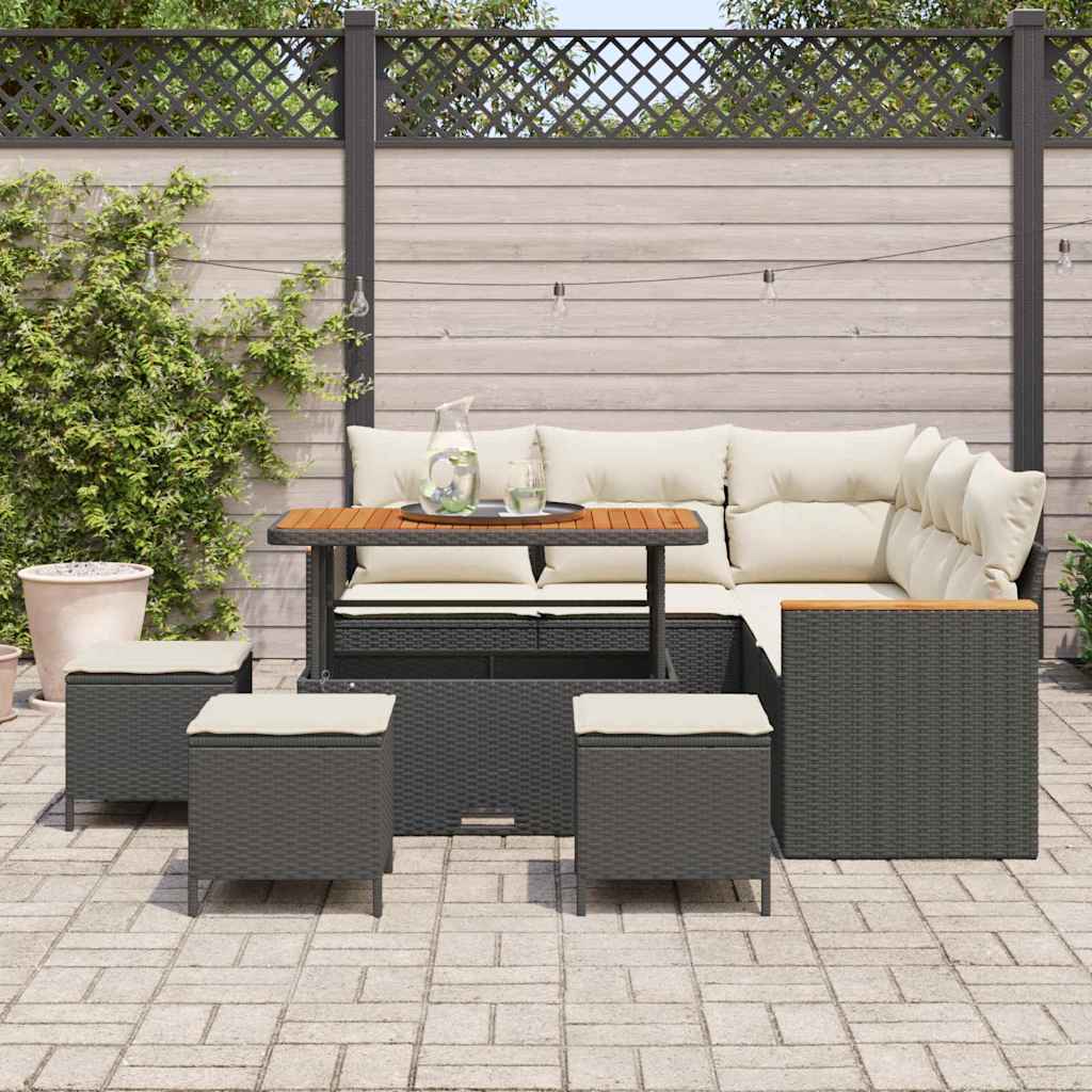 Garten-Sofa-Set mit Kissen mit Speicher Schwarz Poly Rattan