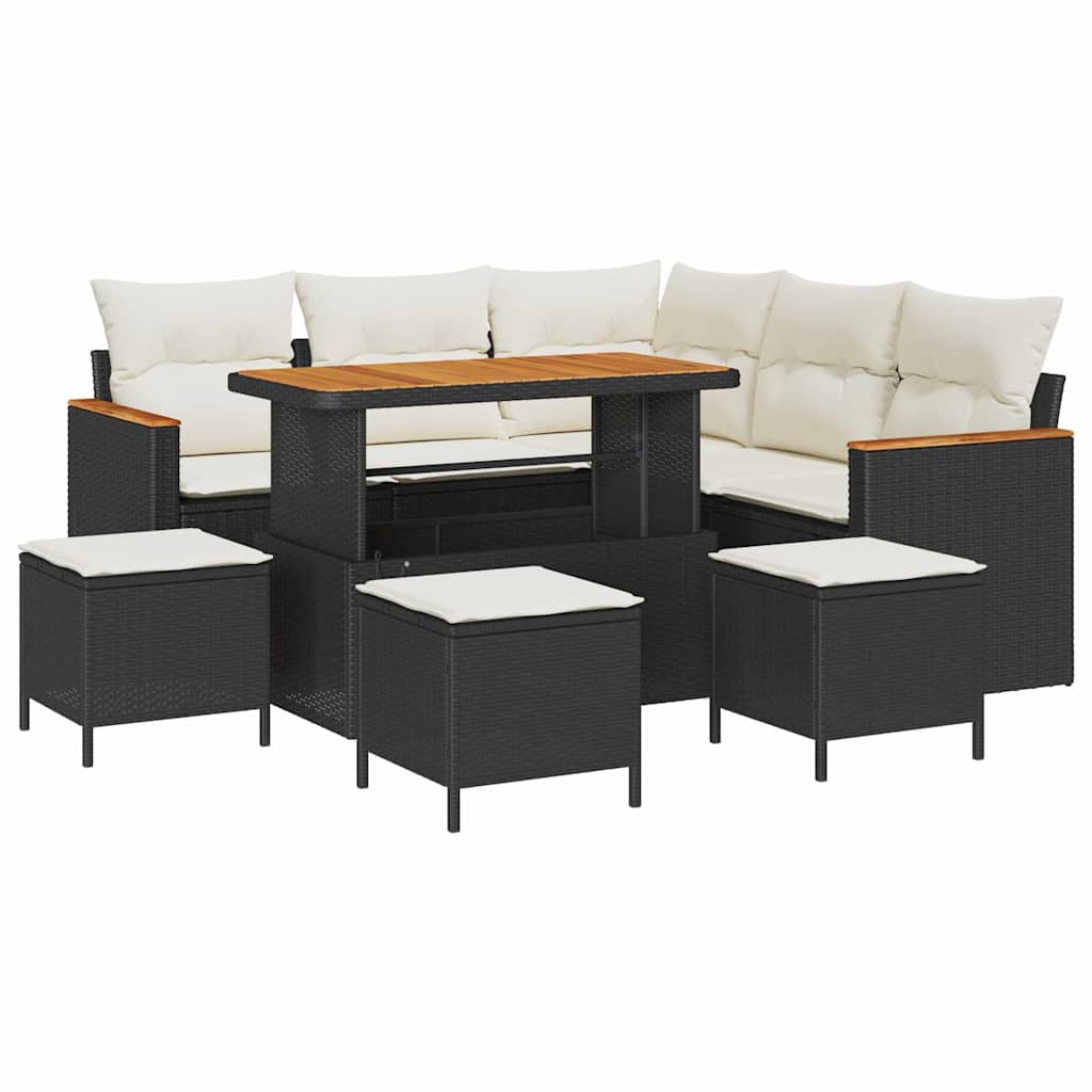 Garten-Sofa-Set mit Kissen mit Speicher Schwarz Poly Rattan