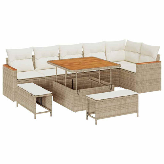 Garten-Sofa-Set mit Kissen mit Speicher Beige Poly Rattan