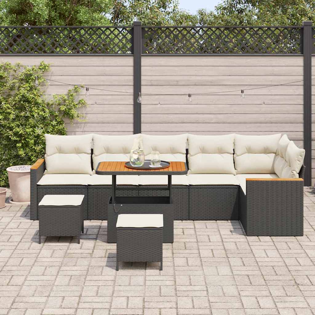 Garten-Sofa-Set mit Kissen mit Speicher Schwarz Poly Rattan