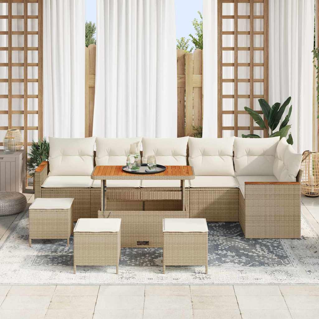 Garten-Sofa-Set mit Kissen mit Speicher Beige Poly Rattan