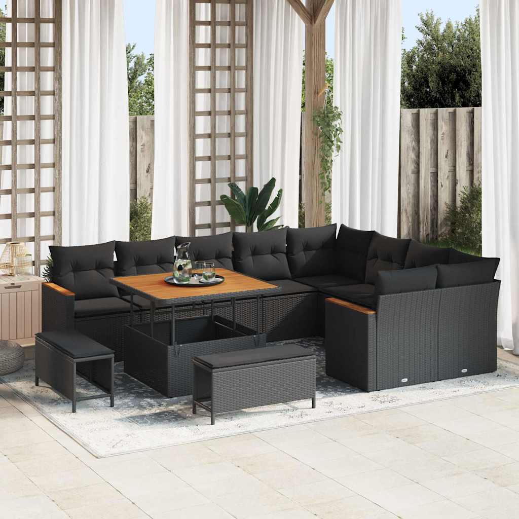 Garten-Sofa-Set mit Kissen mit Speicher Schwarz Poly Rattan