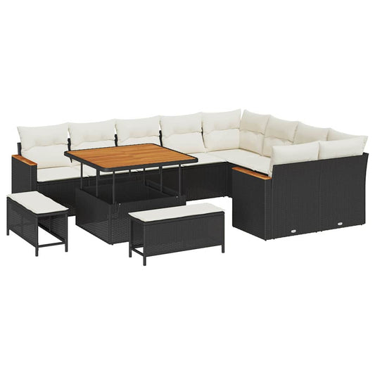 Garten-Sofa-Set mit Kissen mit Speicher Schwarz Poly Rattan