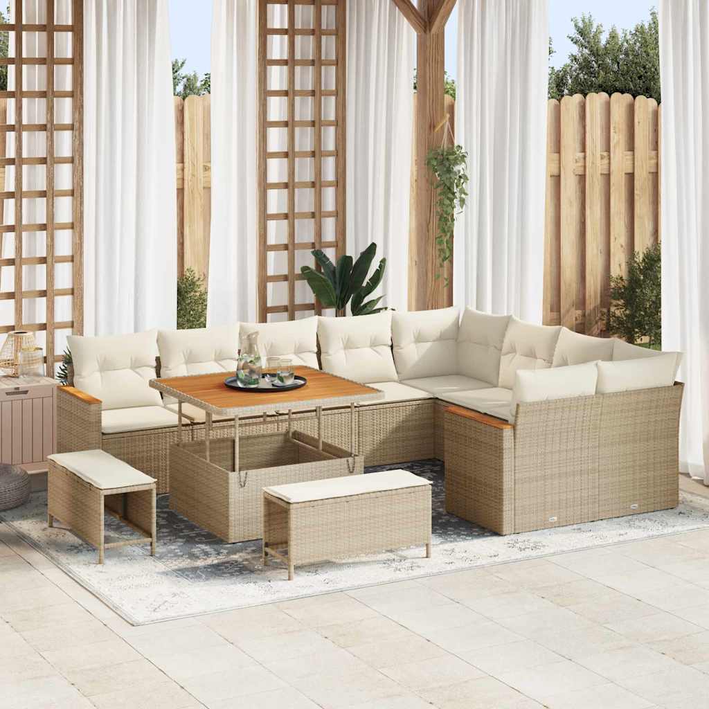 Garten-Sofa-Set mit Kissen mit Speicher Beige Poly Rattan