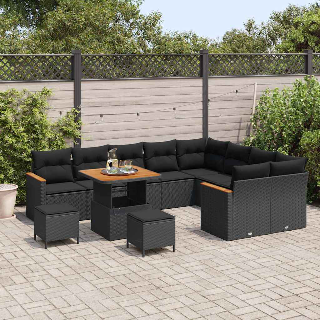 Garten-Sofa-Set mit Kissen mit Speicher Schwarz Poly Rattan