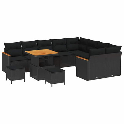 Garten-Sofa-Set mit Kissen mit Speicher Schwarz Poly Rattan