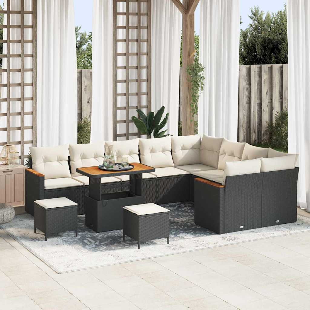 Garten-Sofa-Set mit Kissen mit Speicher Schwarz Poly Rattan