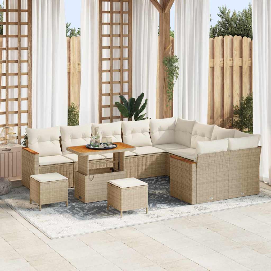 Garten-Sofa-Set mit Kissen mit Speicher Beige Poly Rattan