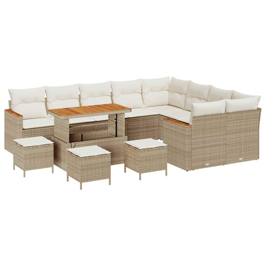 Garten-Sofa-Set mit Kissen mit Speicher Beige Poly Rattan