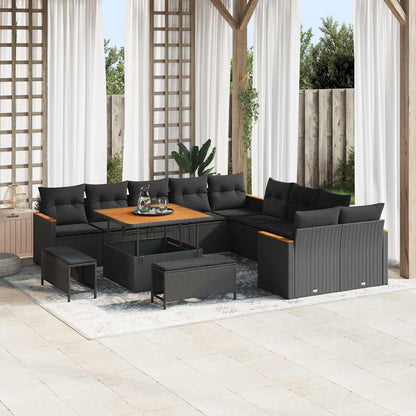 Garten-Sofa-Set mit Kissen mit Speicher Schwarz Poly Rattan