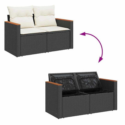 Garten-Sofa-Set mit Kissen mit Speicher Schwarz Poly Rattan