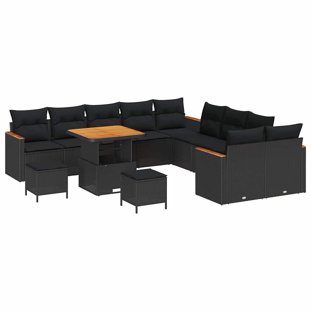 Garten-Sofa-Set mit Kissen mit Speicher Schwarz Poly Rattan