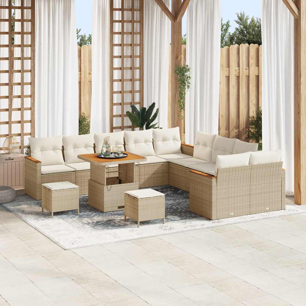 Garten-Sofa-Set mit Kissen mit Speicher Beige Poly Rattan