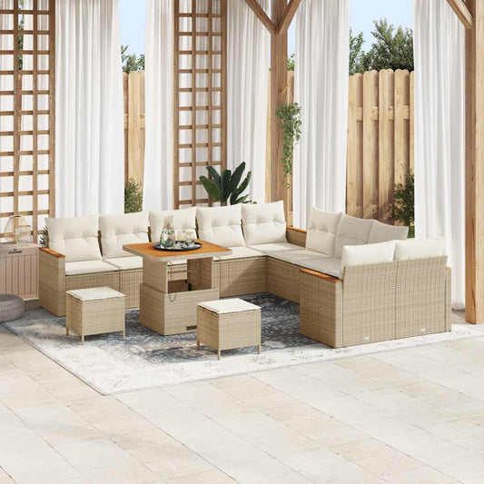 Garten-Sofa-Set mit Kissen mit Speicher Beige Poly Rattan