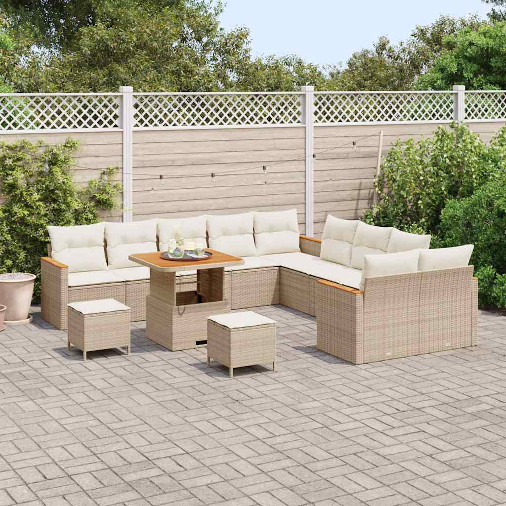 Garten-Sofa-Set mit Kissen mit Speicher Beige Poly Rattan