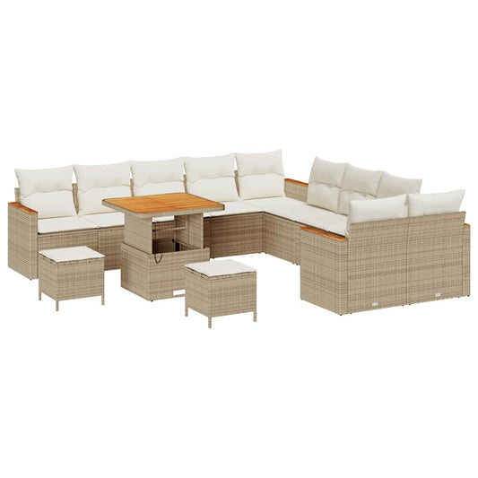 Garten-Sofa-Set mit Kissen mit Speicher Beige Poly Rattan