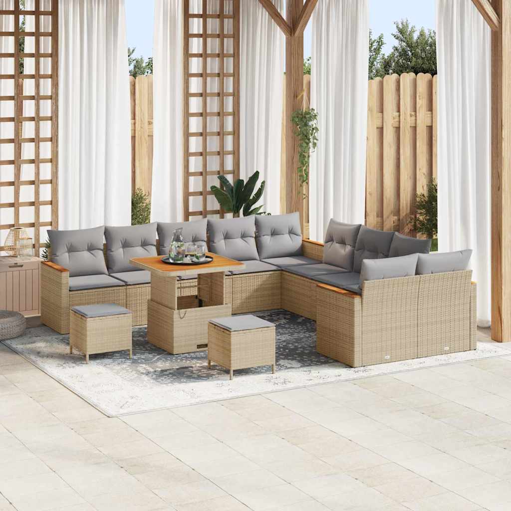 Garten-Sofa-Set mit Kissen mit Speicher Beige Poly Rattan