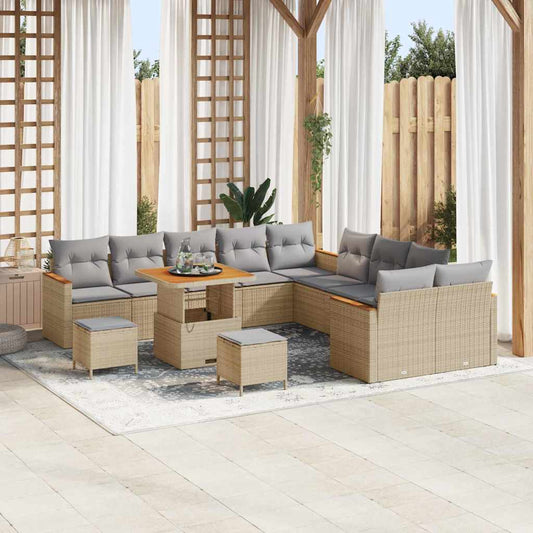 Garten-Sofa-Set mit Kissen mit Speicher Beige Poly Rattan