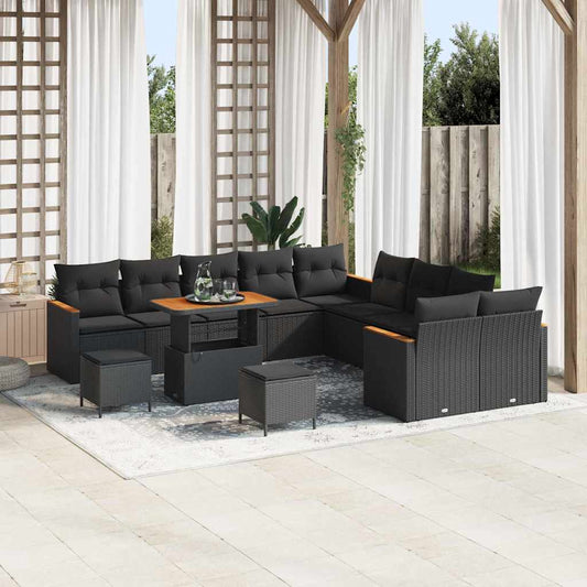 Garten-Sofa-Set mit Kissen mit Speicher Schwarz Poly Rattan