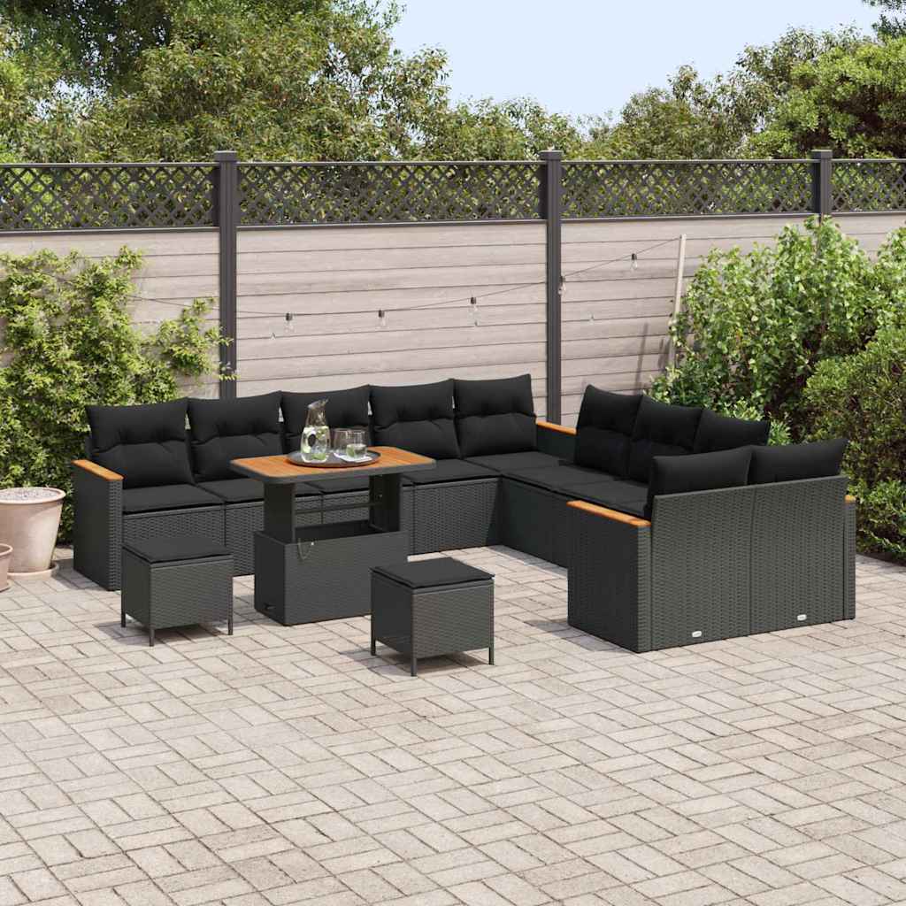 Garten-Sofa-Set mit Kissen mit Speicher Schwarz Poly Rattan