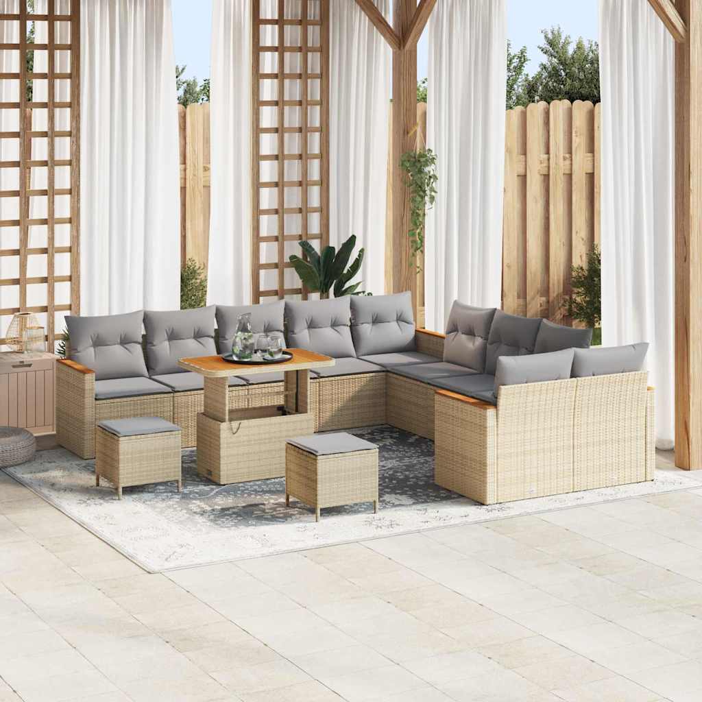Garten-Sofa-Set mit Kissen mit Speicher Beige Poly Rattan
