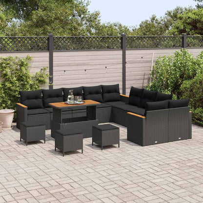 Garten-Sofa-Set mit Kissen mit Speicher Schwarz Poly Rattan