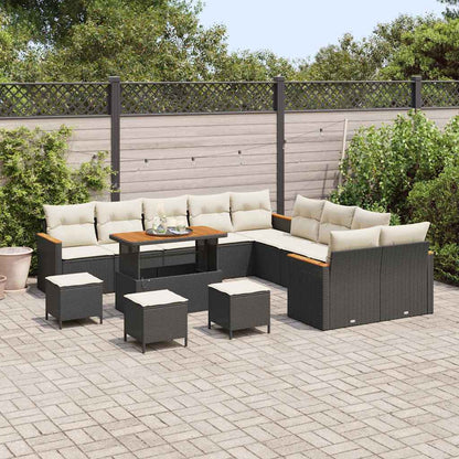 Garten-Sofa-Set mit Kissen mit Speicher Schwarz Poly Rattan
