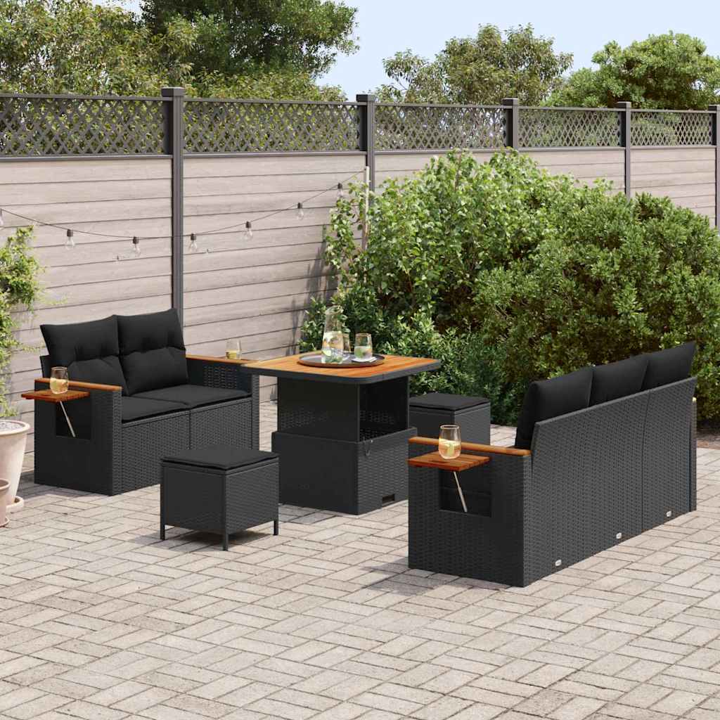 Garten-Sofa-Set mit Kissen 8 pcs Schwarz Poly Rattan