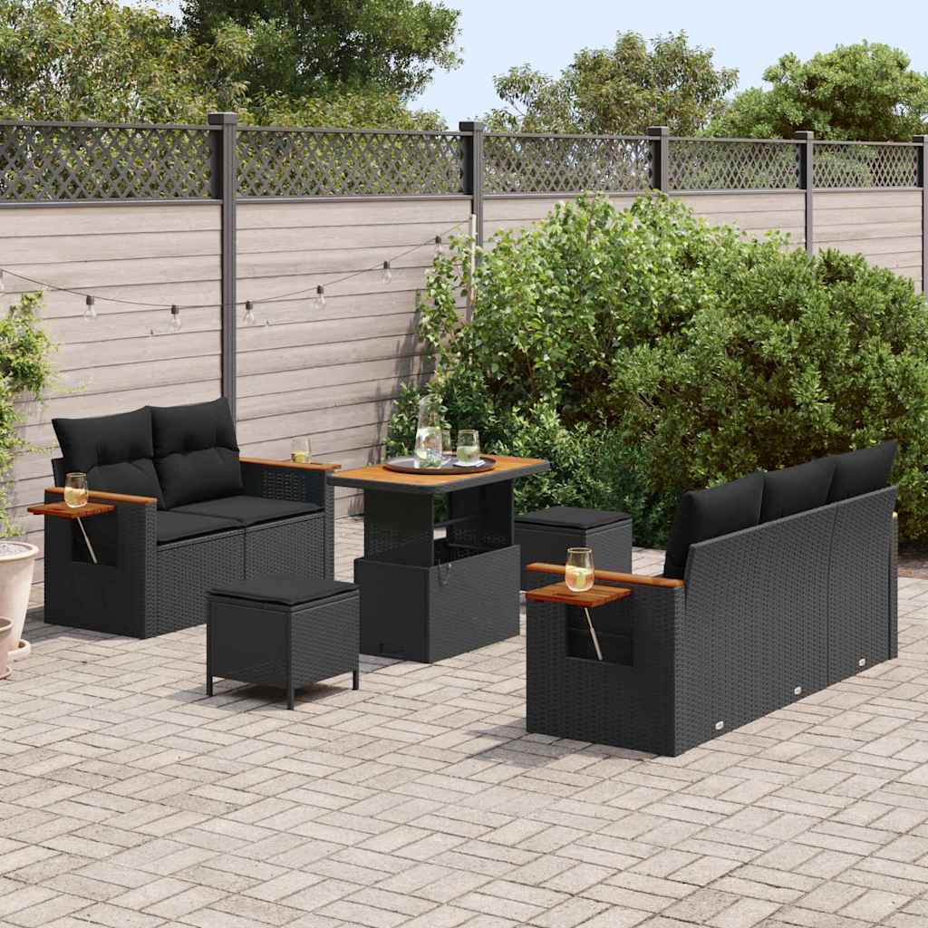 Garten-Sofa-Set mit Kissen 8 pcs Schwarz Poly Rattan