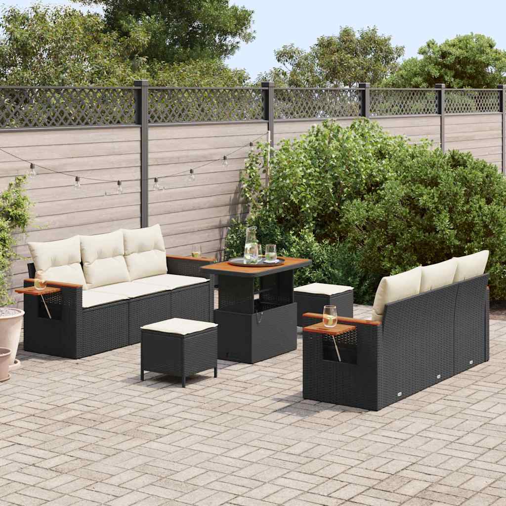 Garten-Sofa-Set mit Kissen 9 pcs Schwarz Poly Rattan